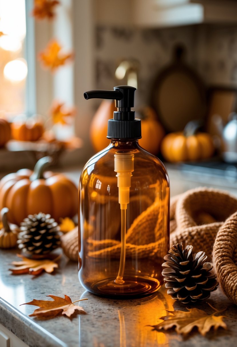22 Cozy Kitchen Fall Decorations To Create A Warm Seasonal Atmosphere 22 Amber glass soap dispenser on a kitchen counter surrounded by fall decorations like pumpkins and dried leaves.