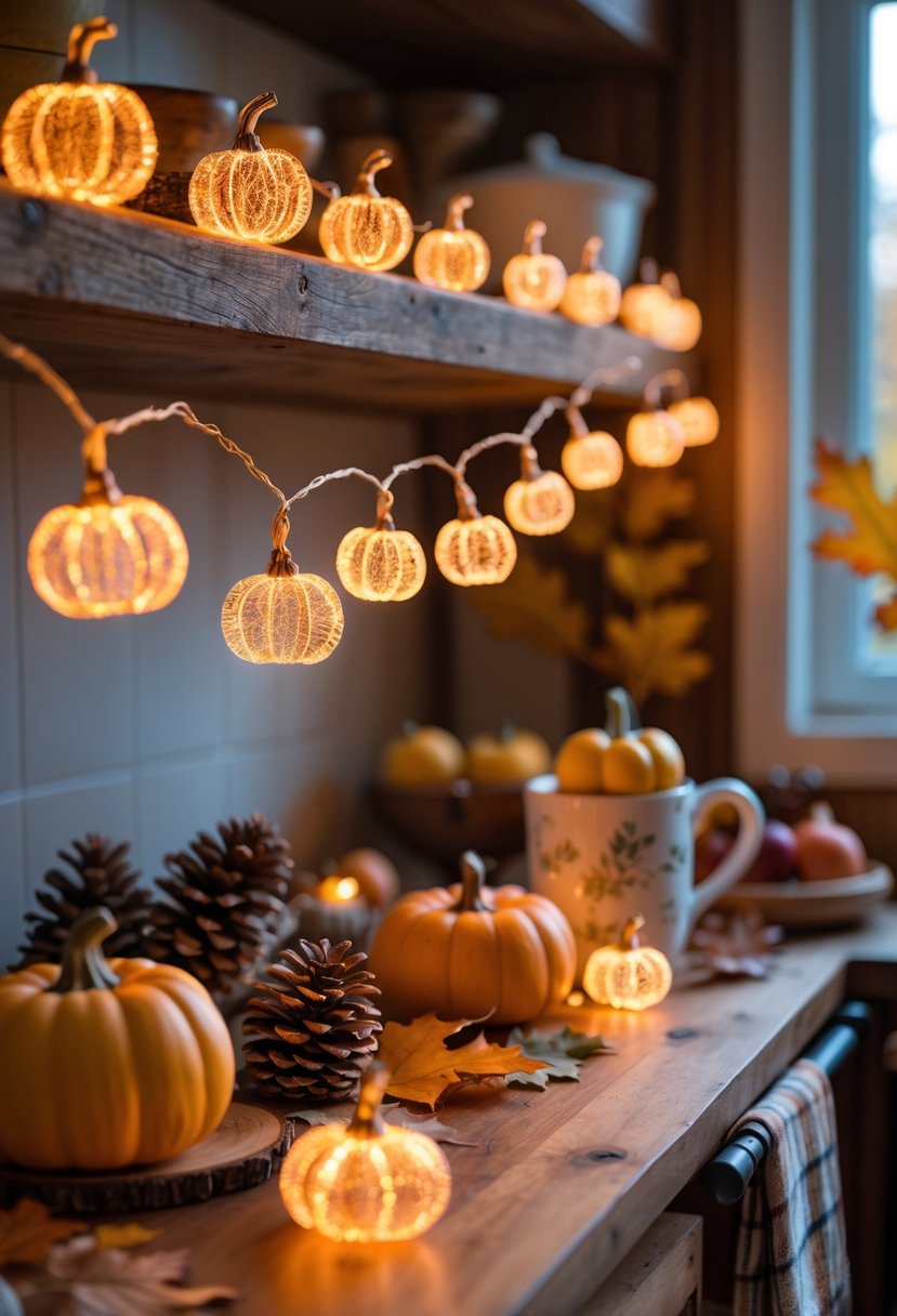 22 Cozy Kitchen Fall Decorations To Create A Warm Seasonal Atmosphere 23 A cozy kitchen with copper wire pumpkin string lights glowing among autumn decorations on a wooden surface.