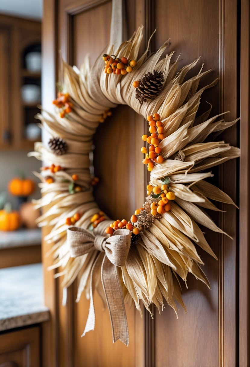 22 Cozy Kitchen Fall Decorations To Create A Warm Seasonal Atmosphere 24 A handwoven corn husk wreath decorated with autumn accents hanging on a wooden kitchen cabinet door.