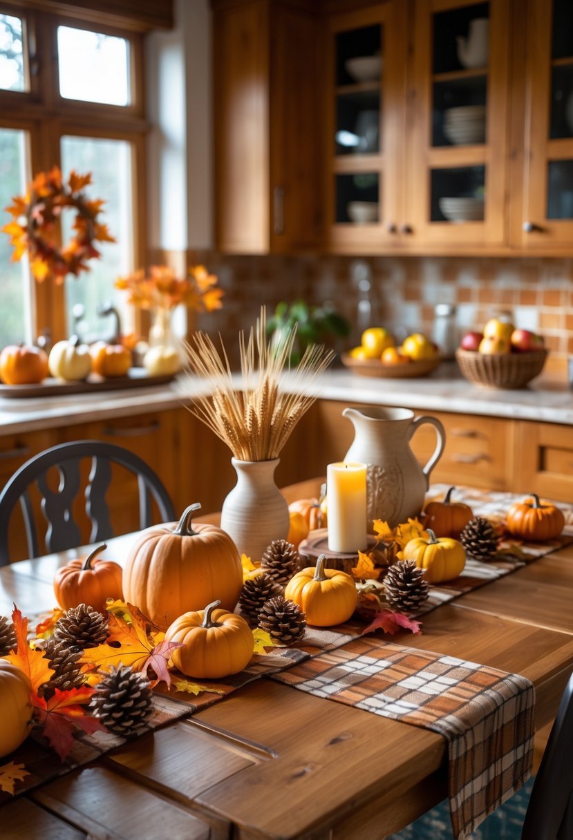 22 Cozy Kitchen Fall Decorations To Create A Warm Seasonal Atmosphere 25 A cozy kitchen decorated with pumpkins, autumn leaves, candles, and bowls of apples, bathed in soft natural light.