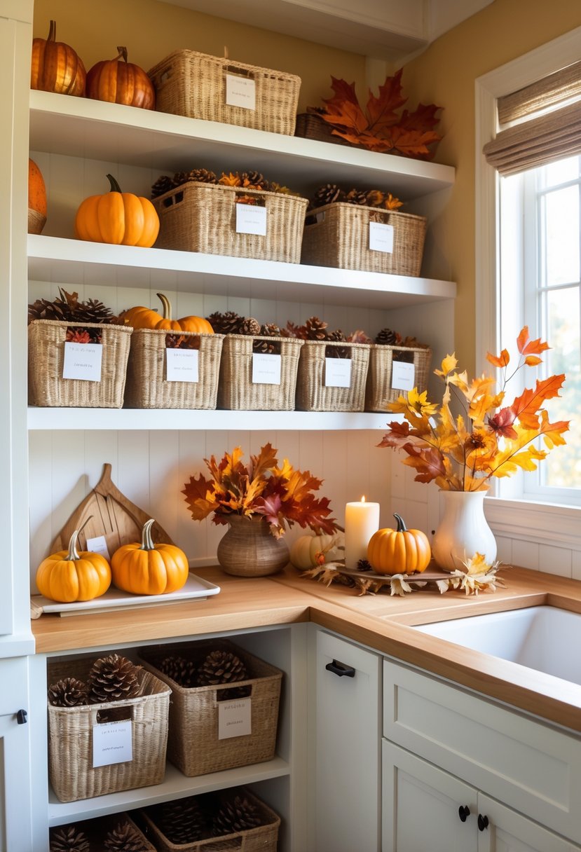 22 Cozy Kitchen Fall Decorations To Create A Warm Seasonal Atmosphere 26 A cozy kitchen with shelves and baskets neatly storing fall decorations like pumpkins, pinecones, and dried leaves.