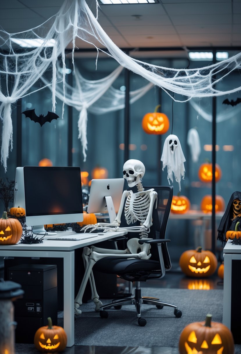 18 Scary Halloween Office Decorations 2025 To Transform Your Workspace 2 An office space decorated with 18 scary Halloween decorations including skeletons, pumpkins, cobwebs, and ghost figures.