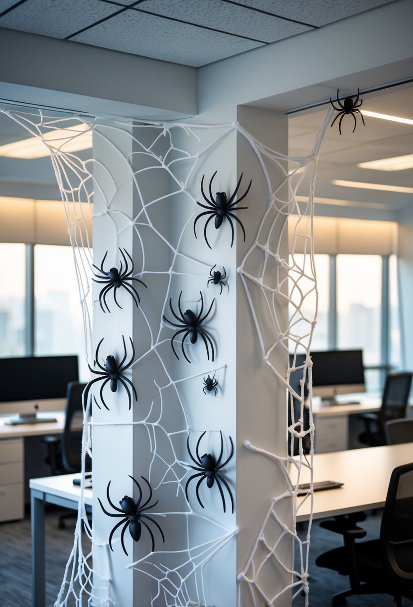 18 Scary Halloween Office Decorations 2025 To Transform Your Workspace 3 Office corner decorated with white cobwebs and black plastic spiders for Halloween.