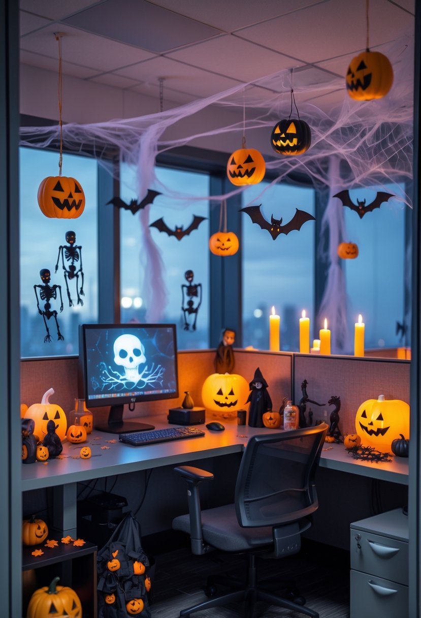 18 Scary Halloween Office Decorations 2025 To Transform Your Workspace 5 An office cubicle decorated with various Halloween items including skeletons, jack-o'-lanterns, cobwebs, bats, and glowing candles creating a spooky atmosphere.