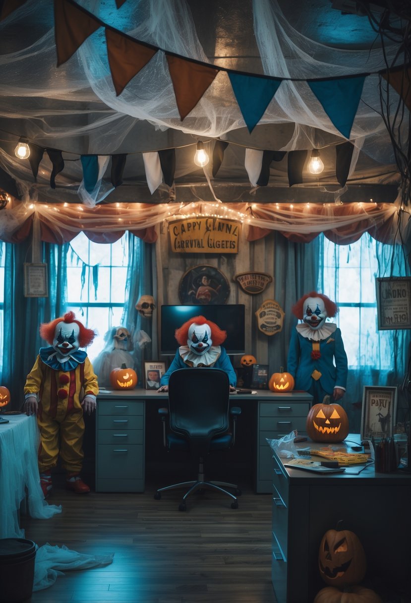 18 Scary Halloween Office Decorations 2025 To Transform Your Workspace 7 An office decorated with creepy clown carnival Halloween decorations including sinister clown figures, carnival props, and spooky lighting.