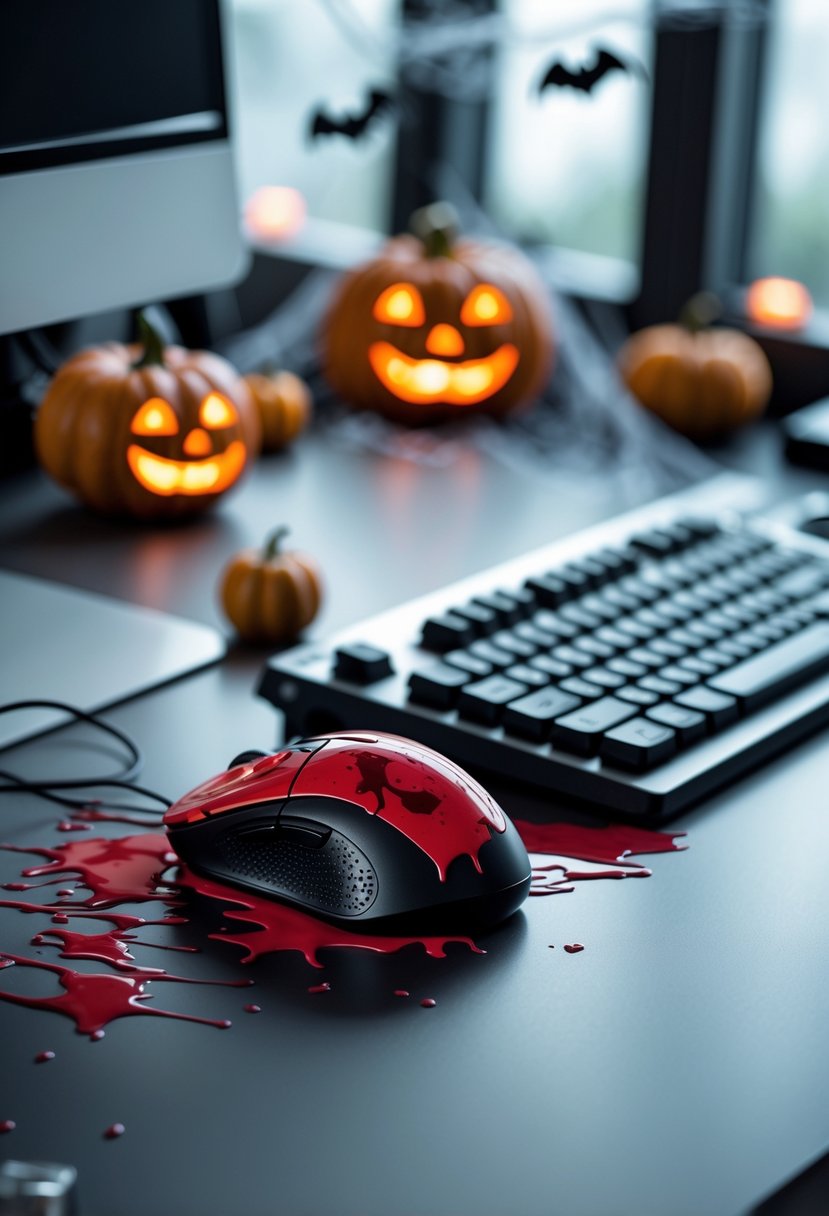 18 Scary Halloween Office Decorations 2025 To Transform Your Workspace 8 A computer keyboard and mouse covered in fake blood splatters on an office desk with Halloween decorations in the background.