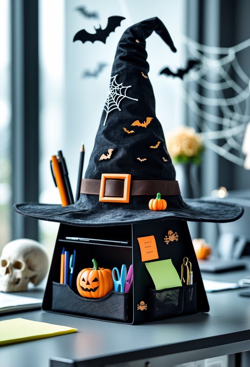 18 Scary Halloween Office Decorations 2025 To Transform Your Workspace 10 A witch hat-shaped desk organizer holding office supplies on a desk with Halloween decorations.