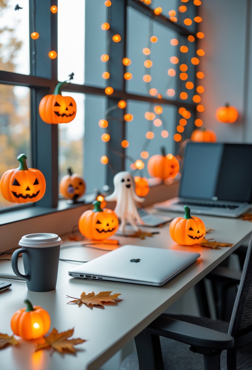 18 Scary Halloween Office Decorations 2025 To Transform Your Workspace 11 Office workspace decorated with pumpkin string lights and small Halloween decorations on a desk.