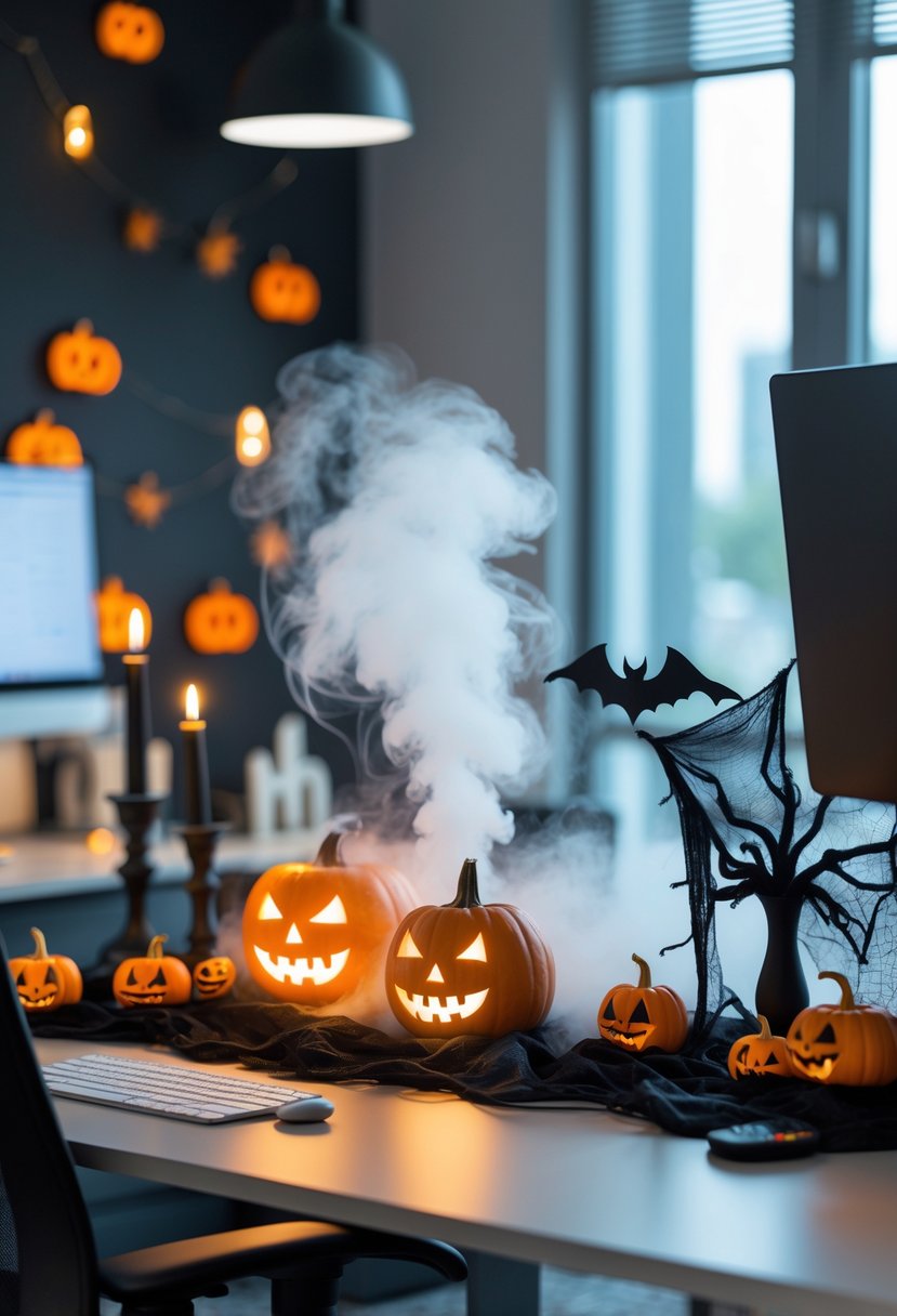 18 Scary Halloween Office Decorations 2025 To Transform Your Workspace 12 Office desk with a fog machine emitting mist surrounded by Halloween decorations including pumpkins, skeletons, and cobwebs.