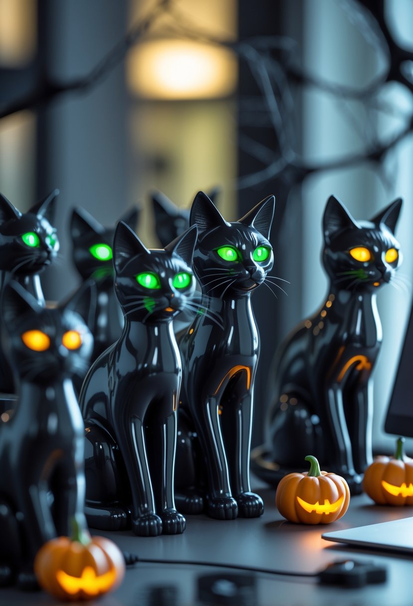 18 Scary Halloween Office Decorations 2025 To Transform Your Workspace 14 Eighteen black cat figurines with glowing eyes arranged on an office desk decorated for Halloween.