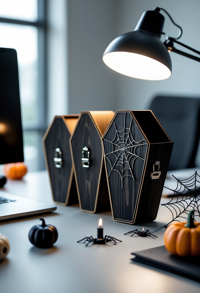 18 Scary Halloween Office Decorations 2025 To Transform Your Workspace 15 An office desk with coffin-shaped file holders and Halloween decorations including pumpkins and candles.