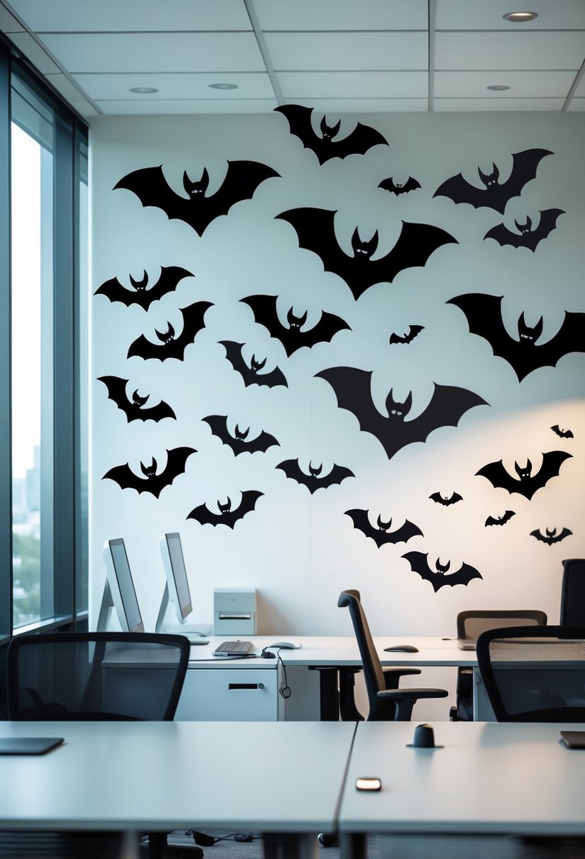 18 Scary Halloween Office Decorations 2025 To Transform Your Workspace 17 An office wall decorated with multiple black bat decals and motion sensors, with desks and office furniture visible.