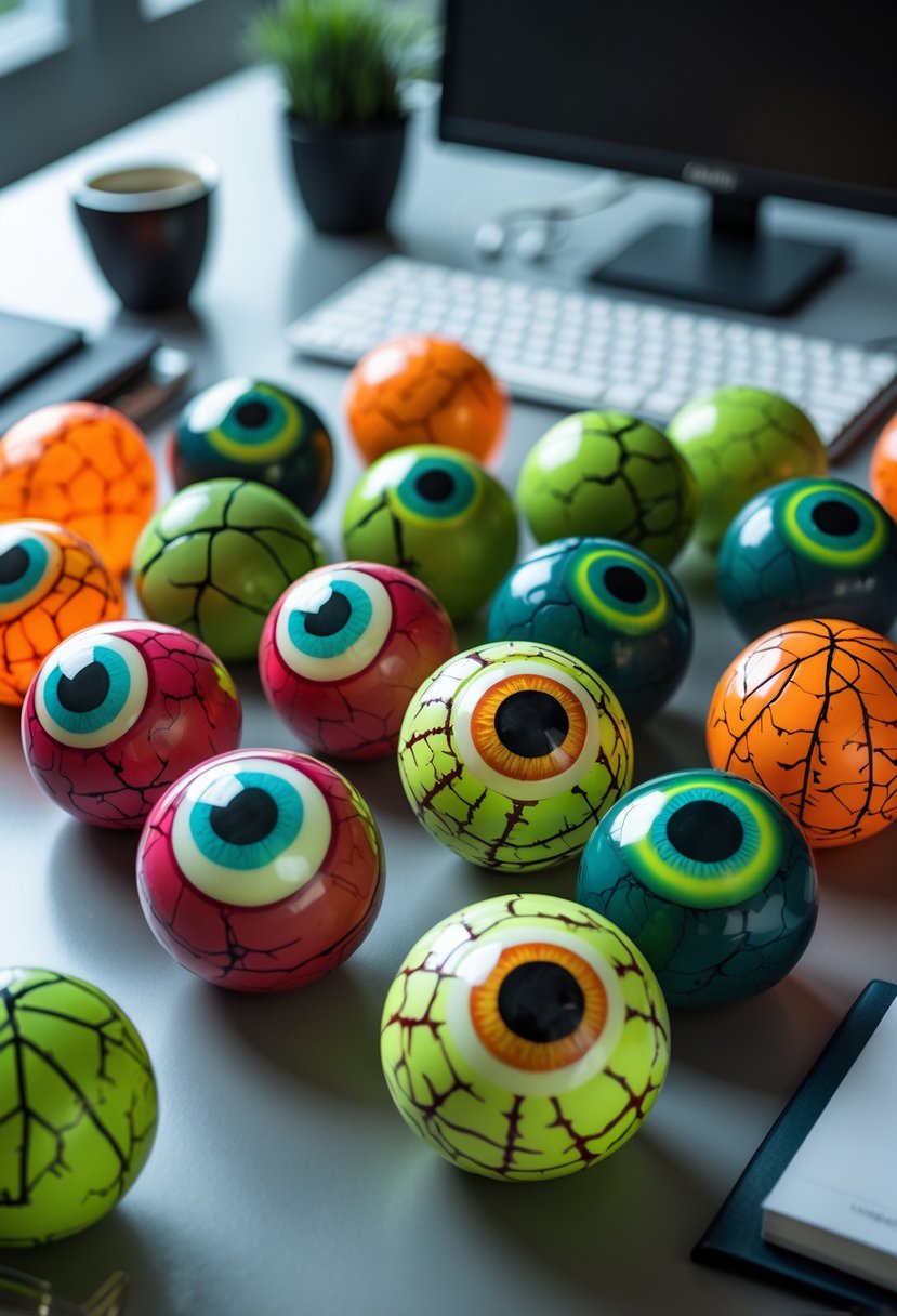 18 Scary Halloween Office Decorations 2025 To Transform Your Workspace 19 A collection of creepy eyeball stress balls arranged on an office desk with typical office supplies around them.