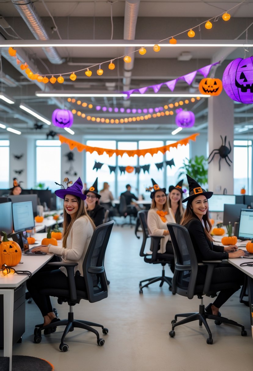 18 Scary Halloween Office Decorations 2025 To Transform Your Workspace 22 Office workspace decorated with Halloween decorations including pumpkins, cobwebs, and string lights, with employees interacting and enjoying the festive atmosphere.