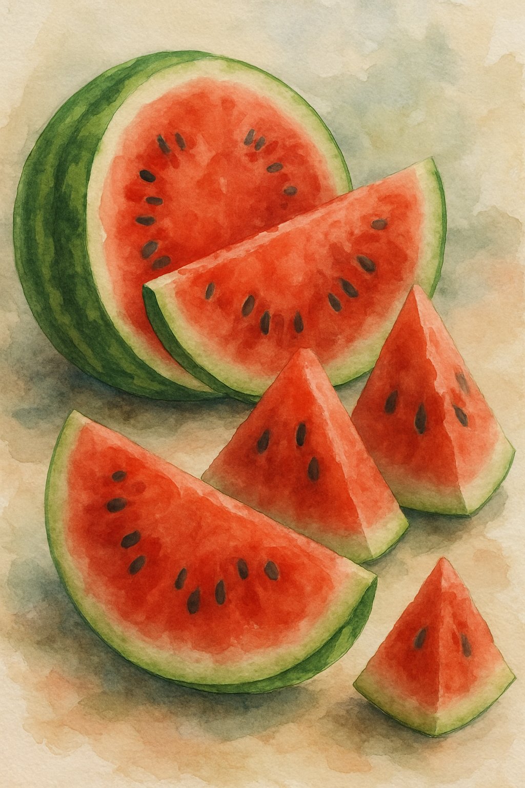 A close-up view of several slices of ripe watermelon arranged on a surface.