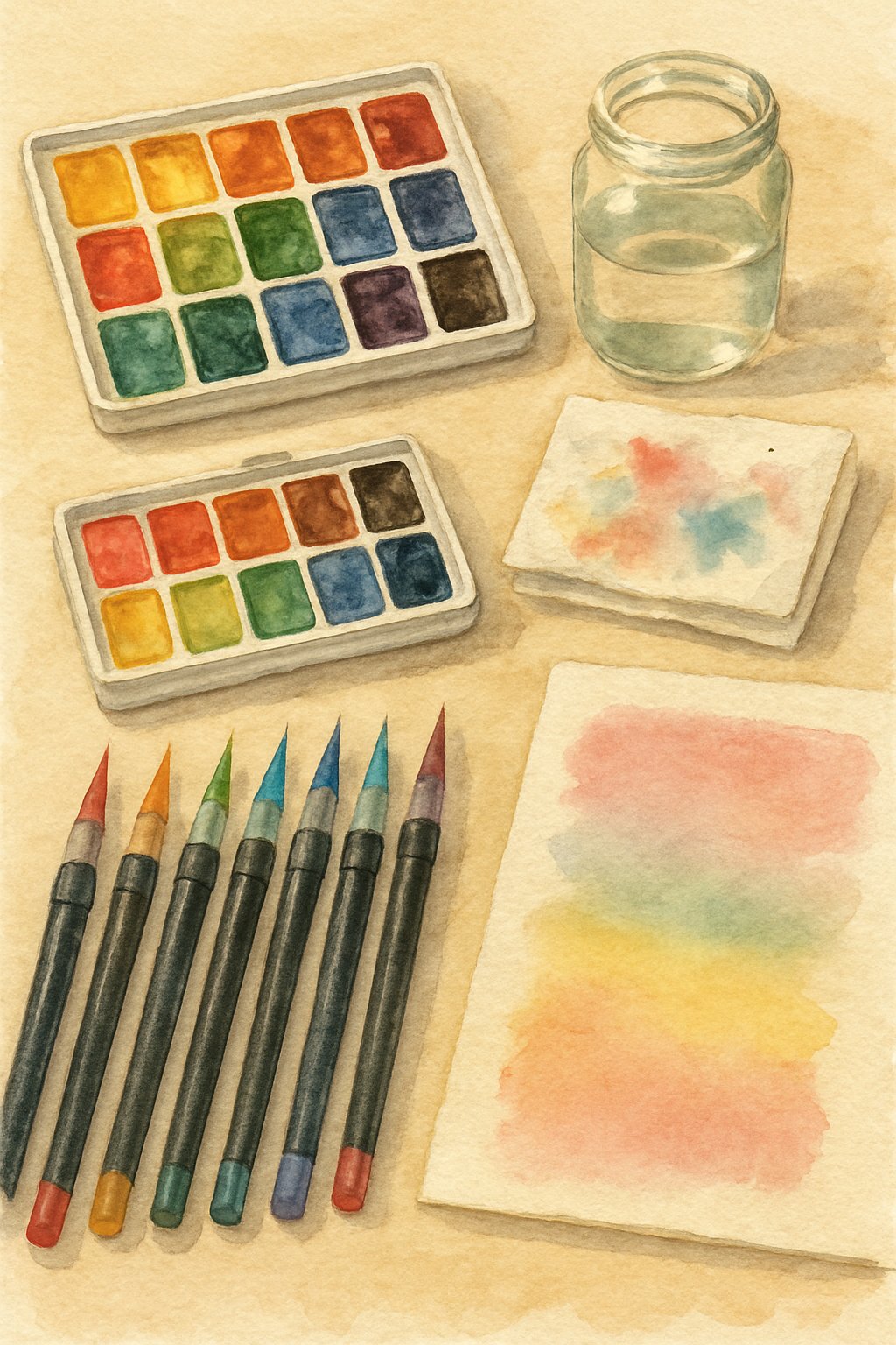 A watercolor painting showing watercolor brush pens, palettes with bright colors, a jar of water, a paper towel, and a partially painted sheet.