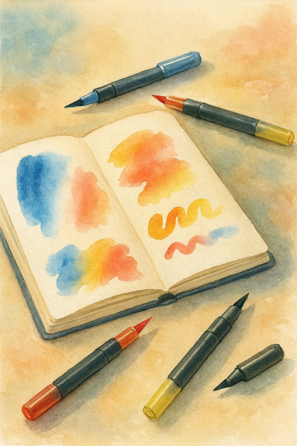 A workspace with an open sketchbook showing colorful brush strokes and watercolor brush pens scattered nearby.