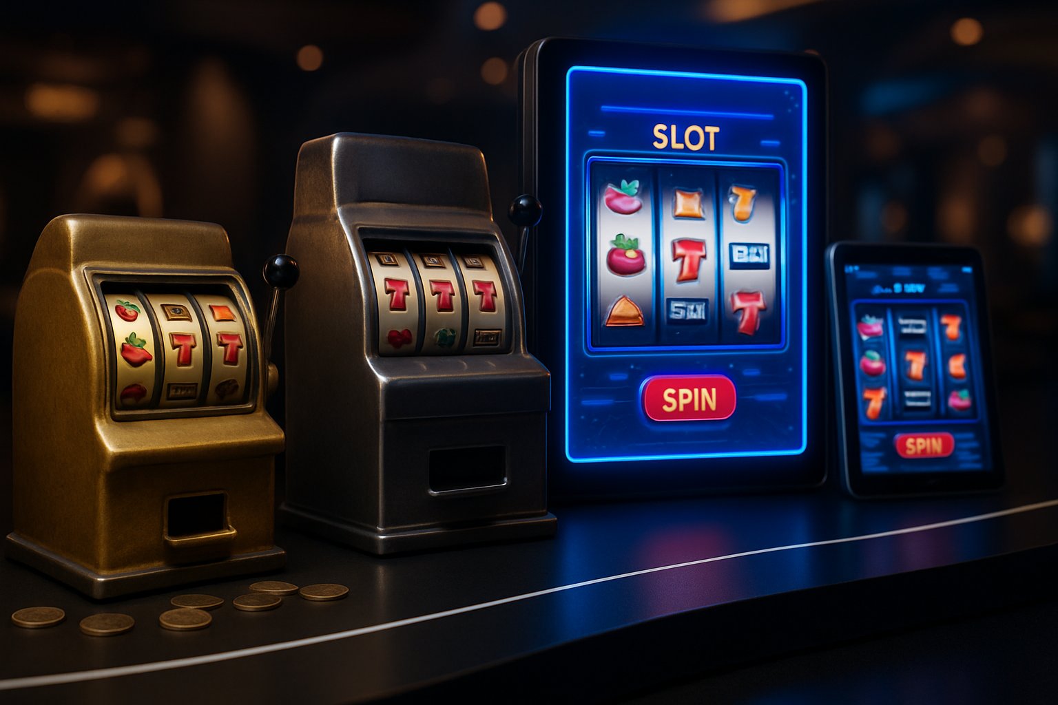 Gambaran perkembangan mesin slot dari mesin mekanik klasik ke mesin slot digital modern di lingkungan kasino.