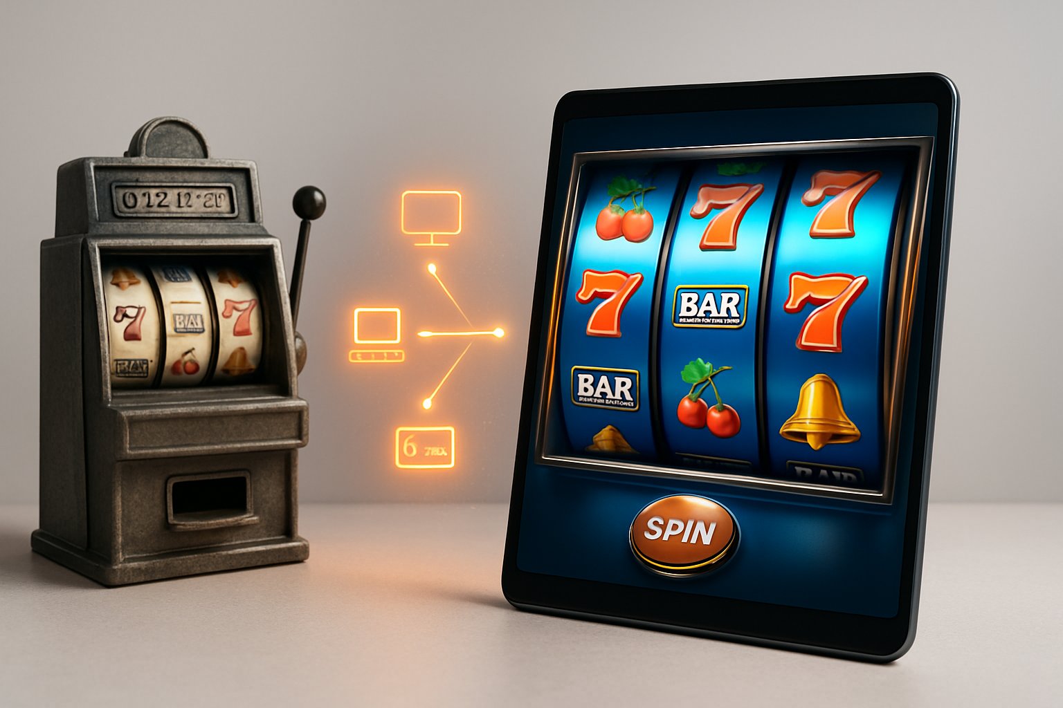 Gambar mesin slot digital modern di layar perangkat dengan mesin slot mekanik klasik di sampingnya, menggambarkan perkembangan permainan slot online.