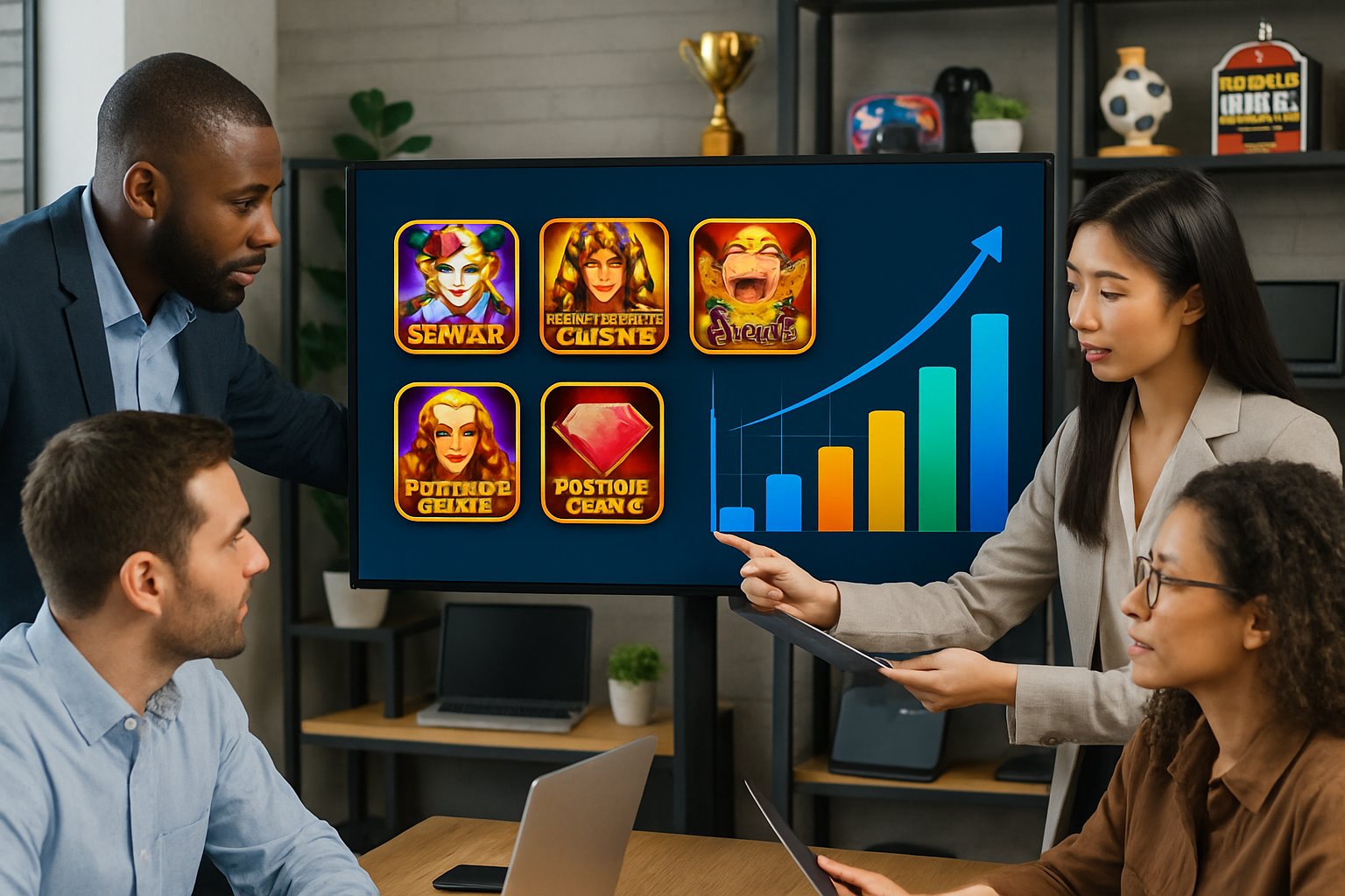 Tim profesional sedang bekerja bersama di kantor modern dengan layar digital menampilkan ikon permainan slot dan grafik perkembangan.