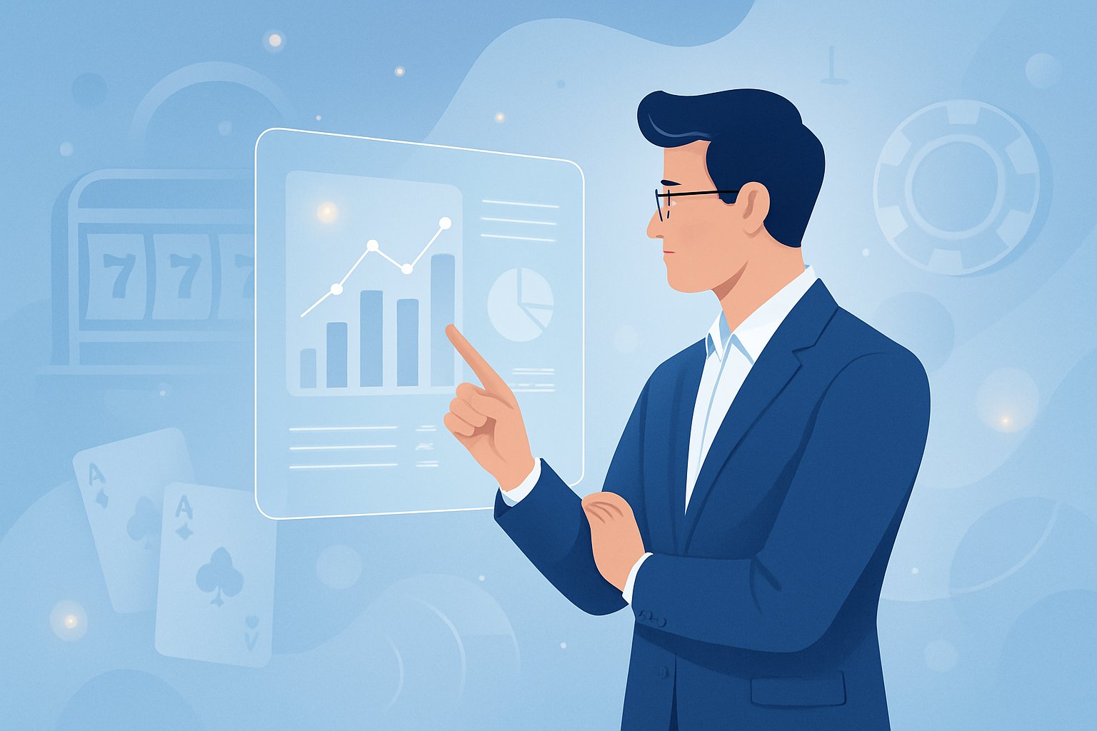 Seorang profesional sedang menganalisis data pada layar sentuh transparan dengan elemen permainan kasino di latar belakang.