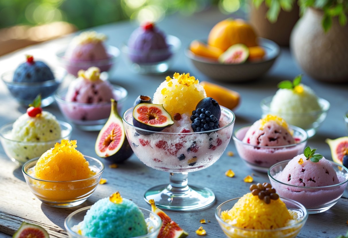 Several bowls of honey and fruit granita and various colorful ice creams arranged on a wooden table with fresh fruit and honey drizzled on top.