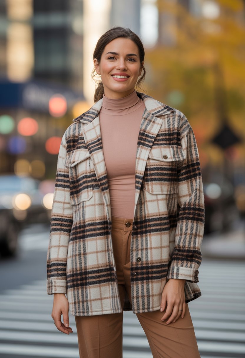 A woman standing outdoors wearing a plaid jacket layered over a turtleneck with city buildings and autumn trees in the background.