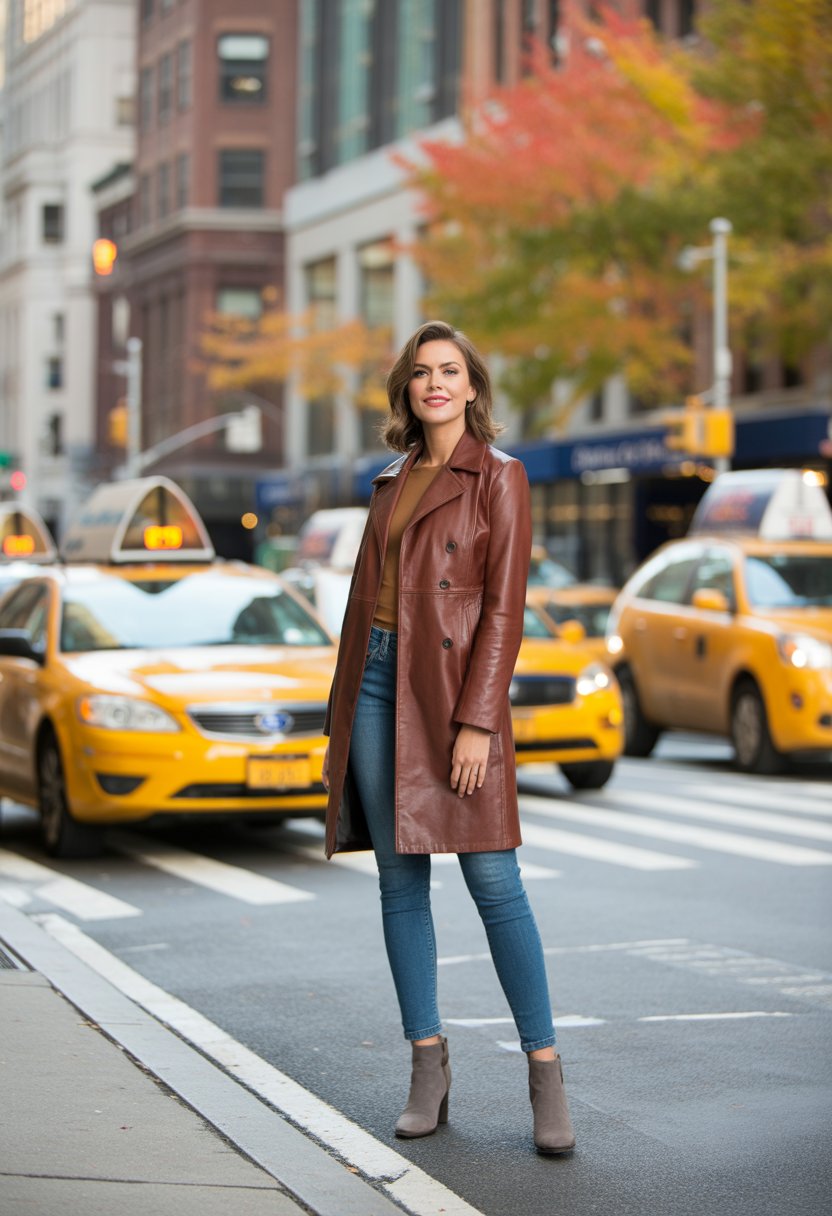 A woman wearing a leather coat and skinny jeans stands on a city street with autumn trees and buildings in the background.