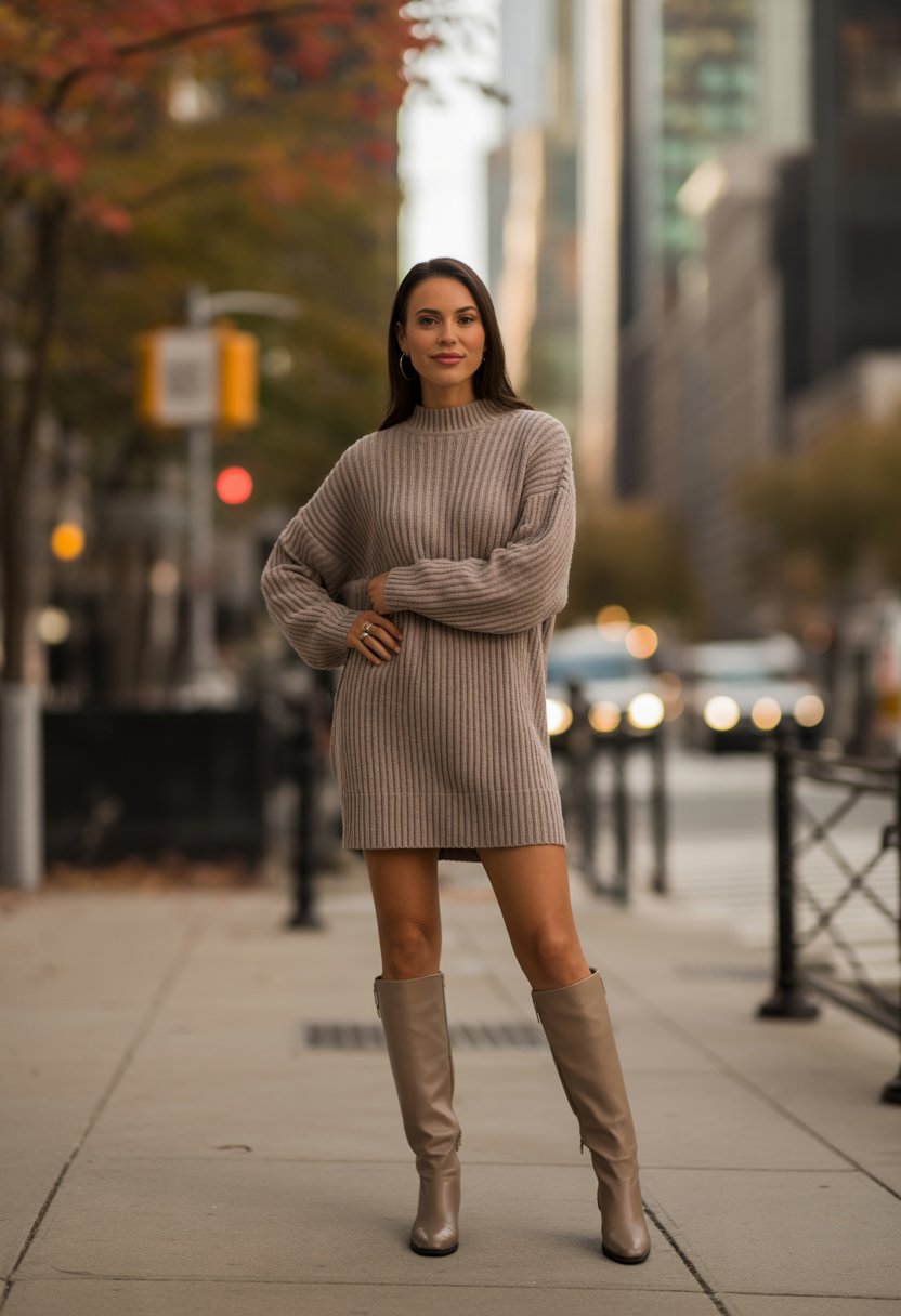 A woman standing on a city sidewalk wearing a chunky knit sweater dress and knee-high boots with autumn trees and buildings in the background.