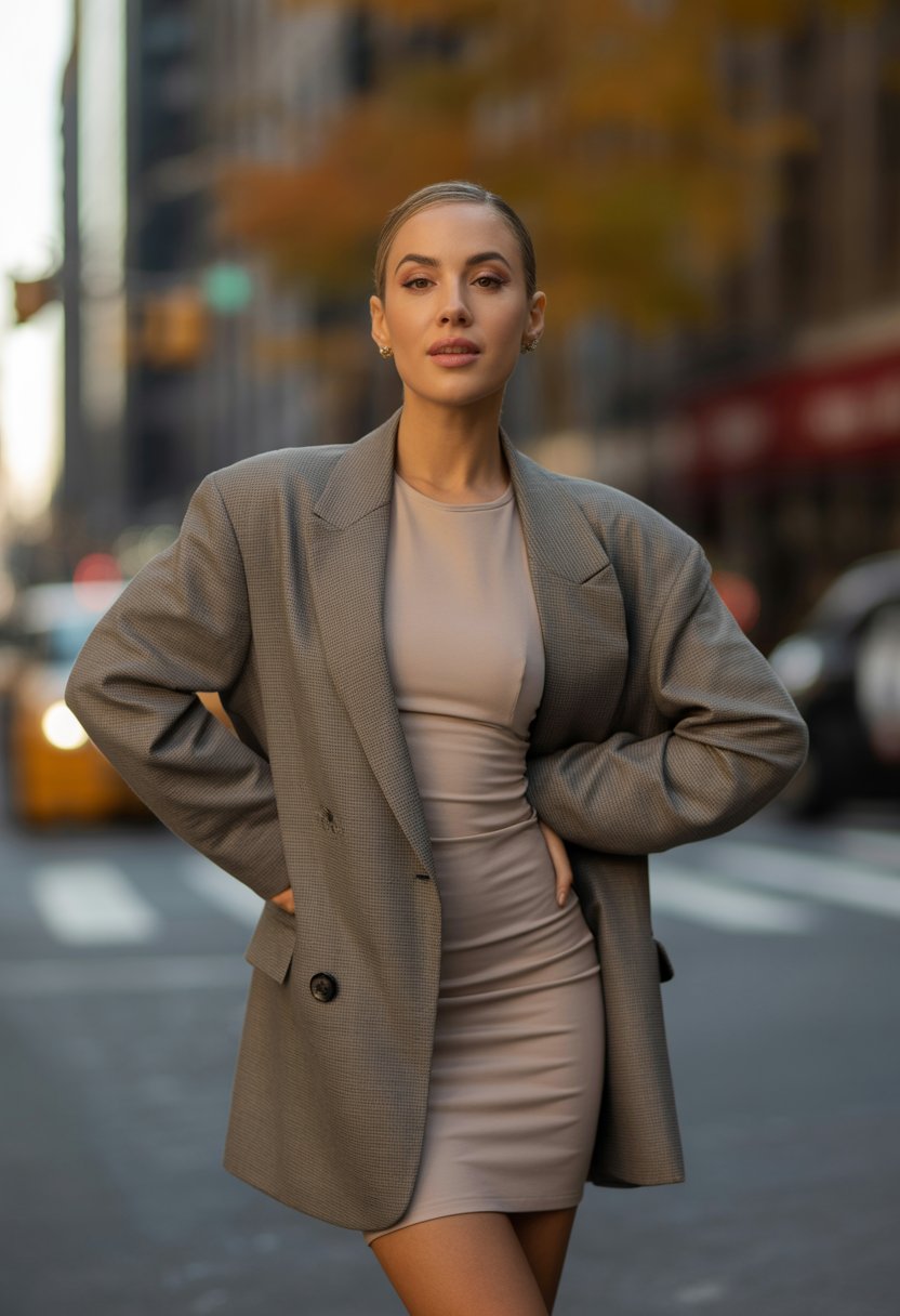 A woman standing on a city street wearing an oversized blazer over a fitted dress during fall.