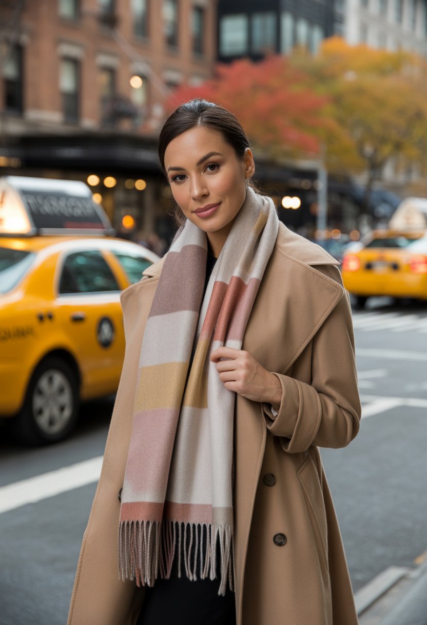 A woman wearing a layered cashmere scarf and wool trench coat stands on a city street with autumn trees and buildings in the background.