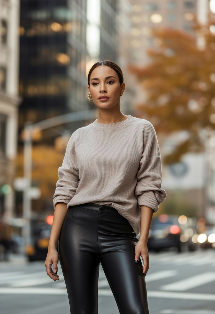 A woman standing on a city street wearing a neutral-tone sweater and black leather leggings with autumn trees and buildings in the background.