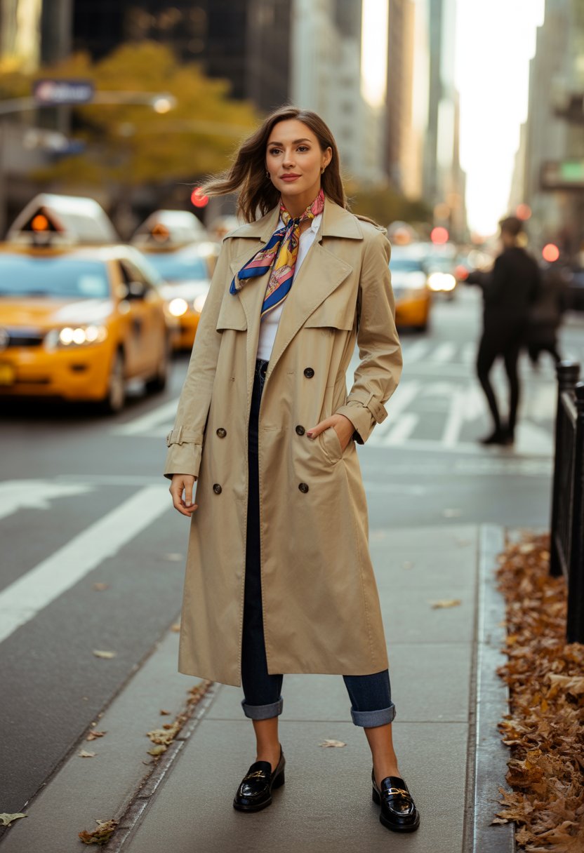 A woman standing on a city street wearing a trench coat, silk scarf, and loafers with autumn leaves around her.