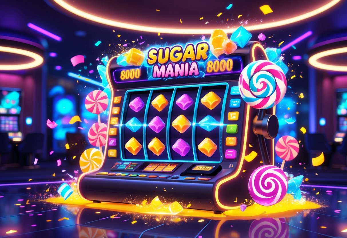 Ilustrasi mesin slot berwarna-warni dengan simbol permen dan gula, menampilkan suasana kasino yang cerah dan penuh energi.