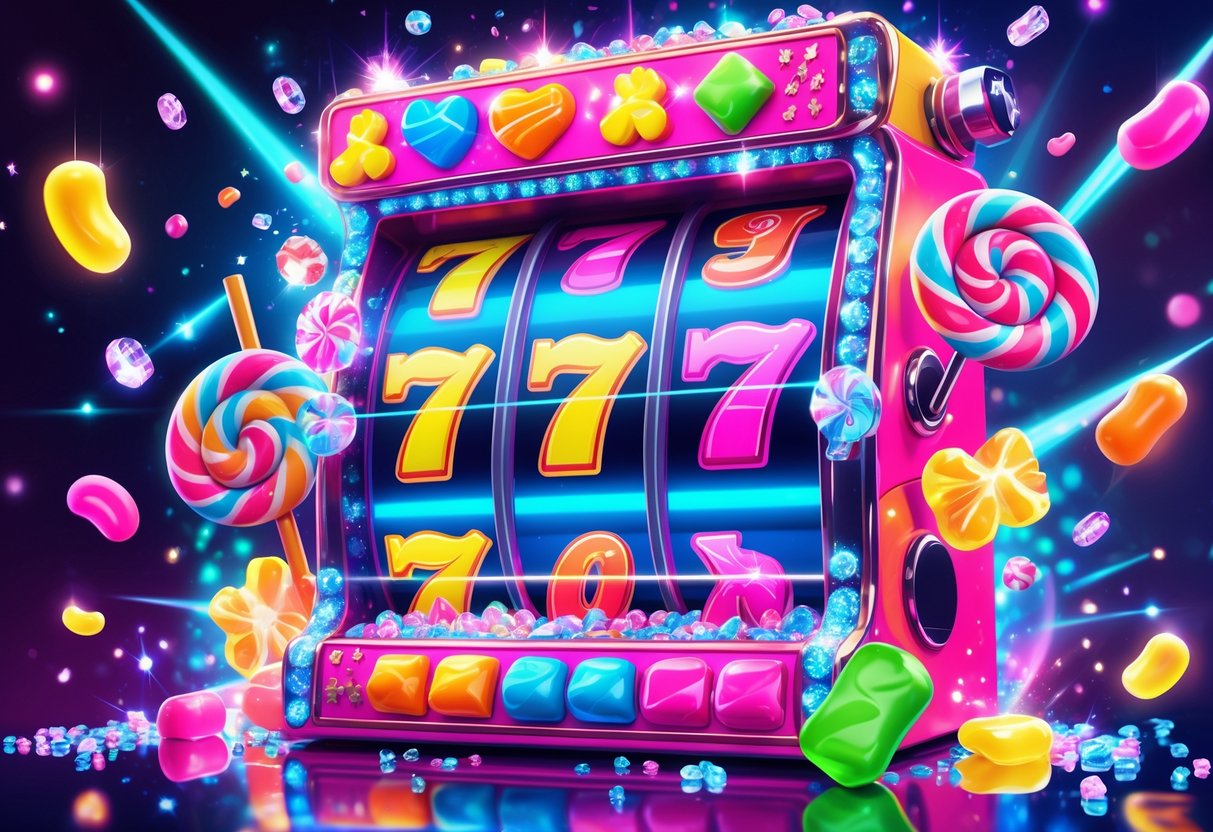 Mesin slot warna-warni dengan permen dan kristal gula berkilau di sekitarnya, menunjukkan suasana kemenangan dan kegembiraan.