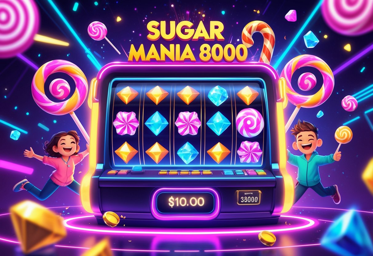 Adegan mesin slot bertema gula yang berwarna-warni dengan karakter yang sedang merayakan kemenangan di sekitarnya.