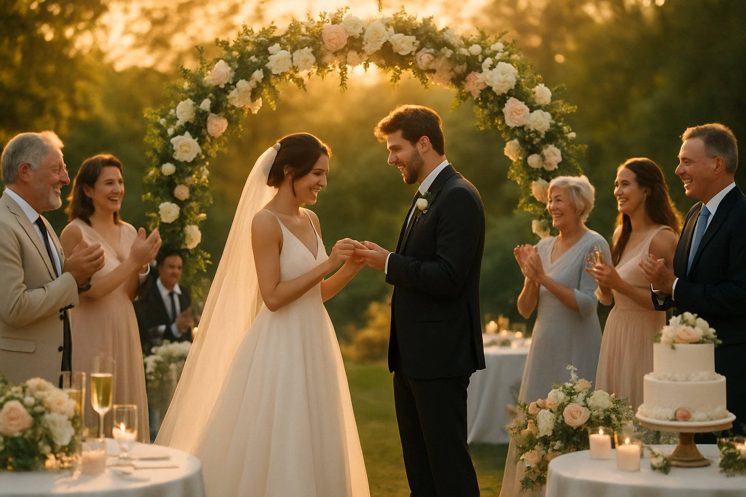 Noivos trocando alianças sob um arco floral, cercados por convidados felizes em um casamento ao ar livre.