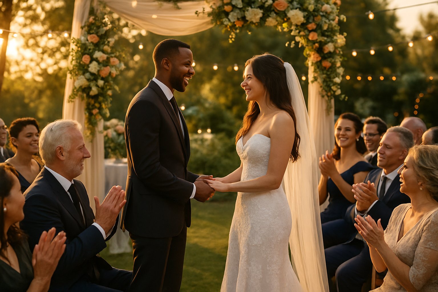 Casal de noivos trocando votos durante a cerimônia de casamento, cercado por convidados sorridentes em um ambiente decorado para a celebração.