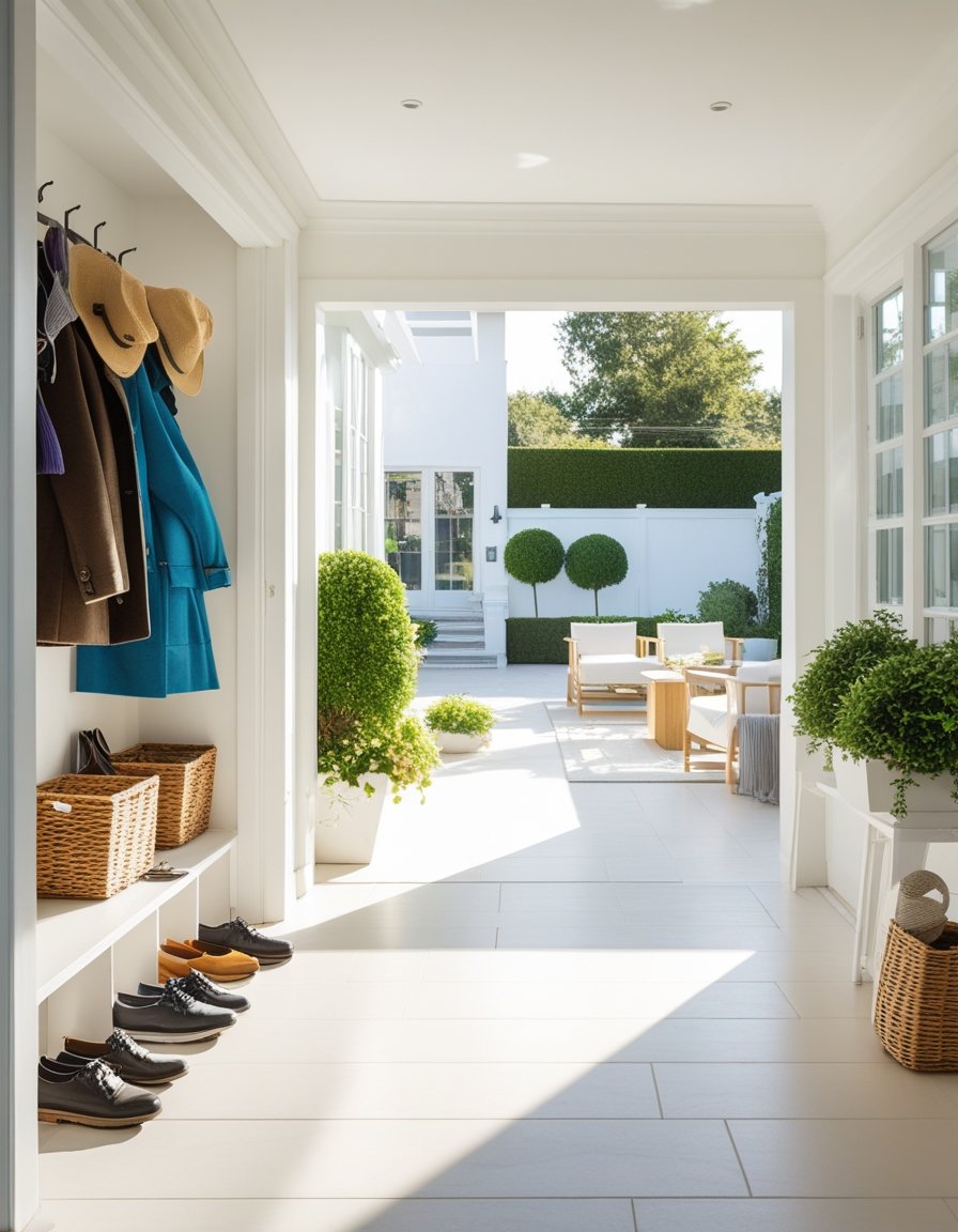 A clean and organized home entryway, living room, and outdoor patio with neatly arranged furniture and plants.