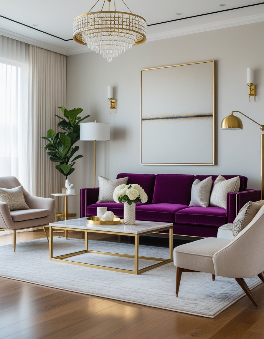 A modern living room with a velvet sofa, marble coffee table, elegant lighting, decorative pillows, and a stylish armchair, filled with natural light.