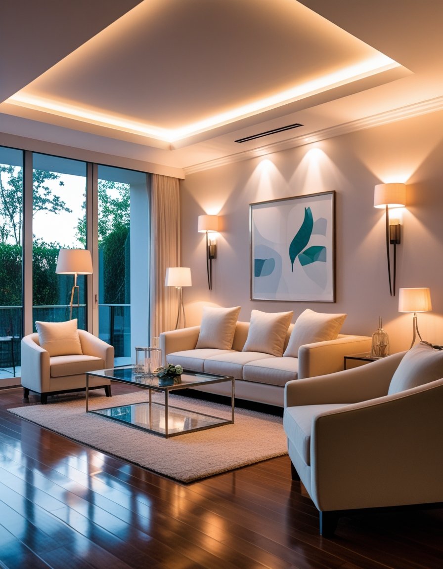 A modern living room with warm lighting, a cream sofa, glass coffee table, wall sconces, and large windows letting in natural light.