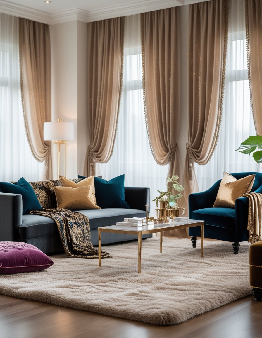 A bright living room with a velvet sofa, textured throw pillows, a soft area rug, sheer curtains, and decorative throws creating a cozy and elegant atmosphere.