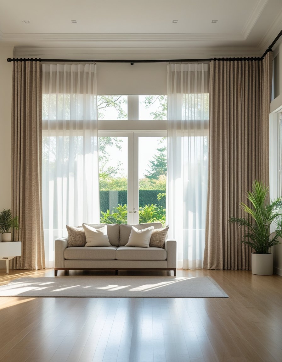 A bright living room with a large window featuring layered sheer and textured curtains, soft natural light, a sofa with cushions, wooden floor, and plants.
