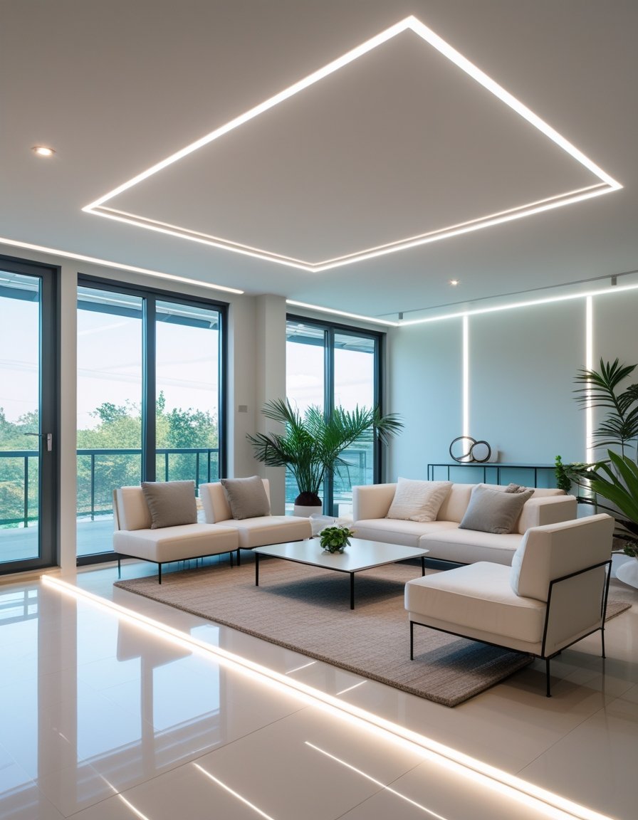 A bright living room with large windows and soft ceiling edge lighting that makes the space feel open and spacious.
