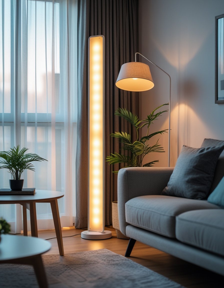 A cozy living room corner with a floor lamp illuminating the space, a sofa, coffee table, plants, and artwork on the walls.