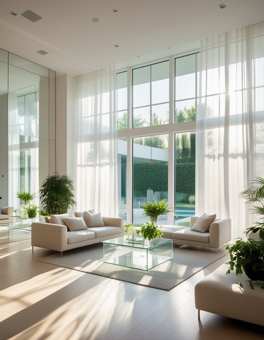 A bright living room with large windows, light walls, mirrors, and minimal furniture that makes the space feel open and spacious.