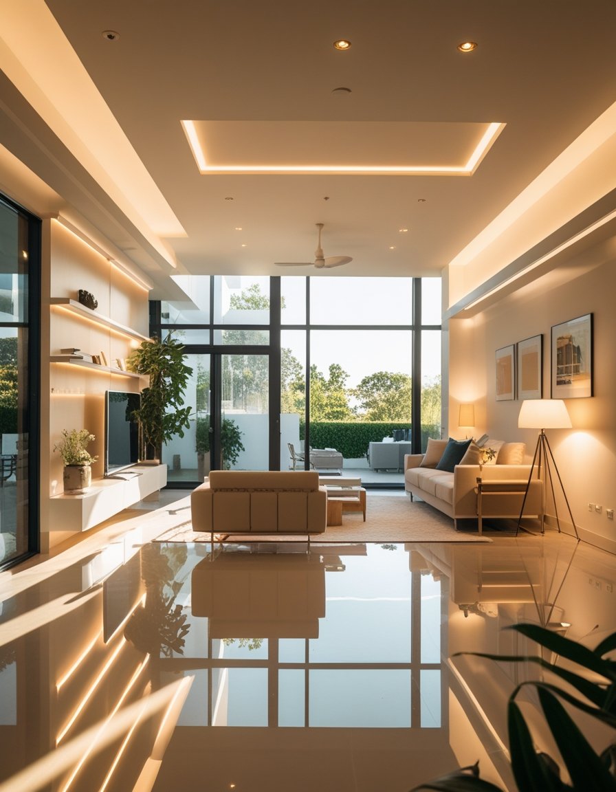 A modern living room with multiple light sources including natural sunlight, ceiling lights, and lamps creating a bright and spacious atmosphere.