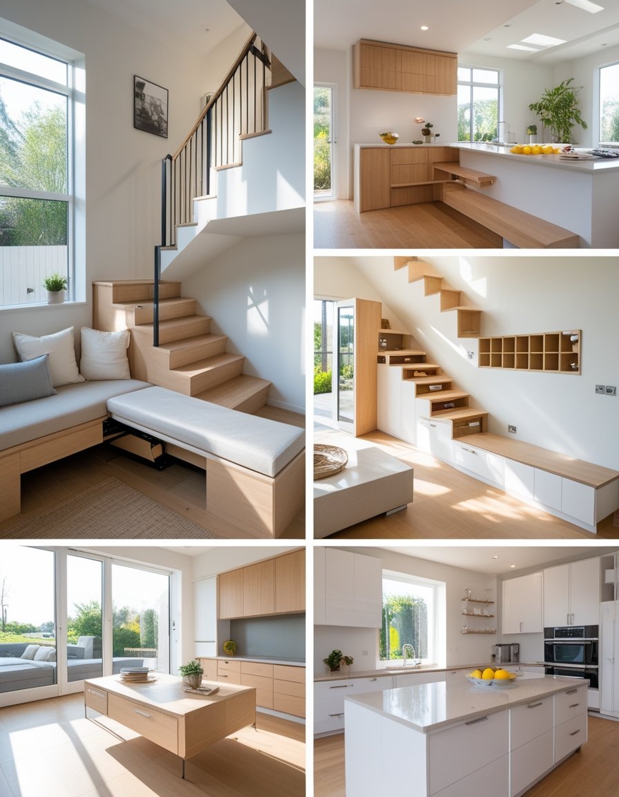 A modern living room and kitchen area showing five hidden storage solutions including a storage bench, staircase drawers, a coffee table compartment, hidden shelf cubbies, and pull-out kitchen island drawers.