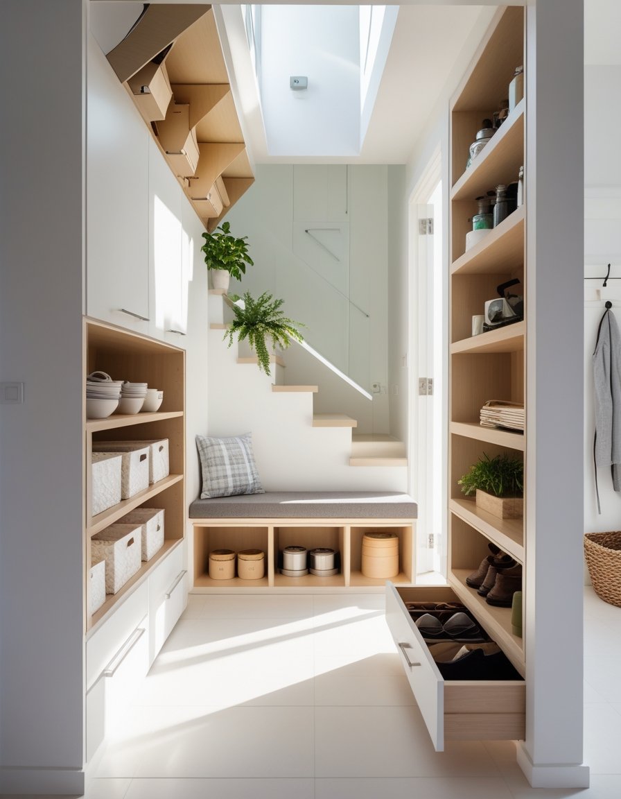 A modern home interior showing five hidden storage spots including under-stair cabinet, pull-out kitchen drawer, built-in storage bench, overhead shelves above a doorway, and a slim hallway storage compartment.