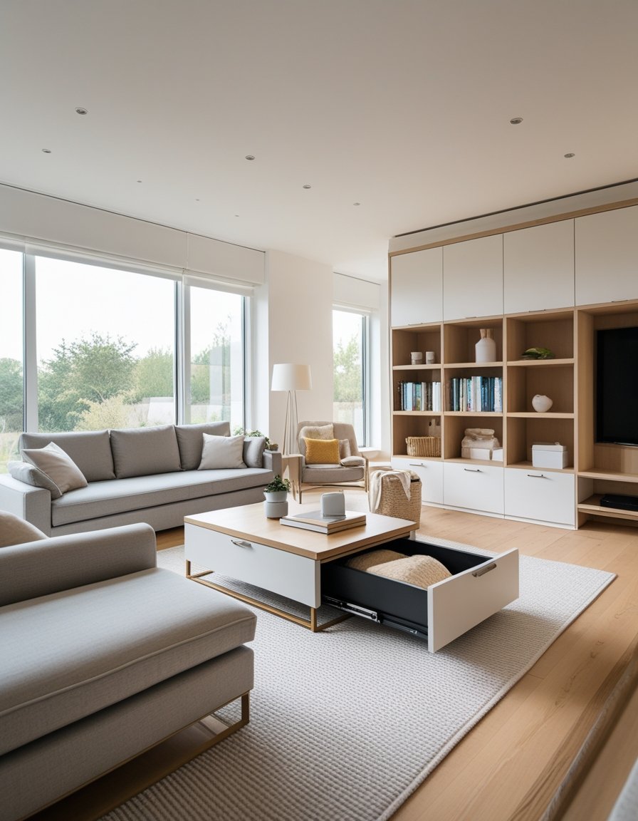 A modern living room displaying furniture with hidden storage compartments, including a sofa drawer, lift-top coffee table, storage ottoman, bookshelf compartment, and bed drawers.